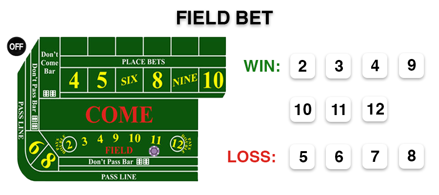 how to make the field bet, place the chips, you win on 2,3,4, 9, 10, 11,12, lose on 5,6 , 7, 8